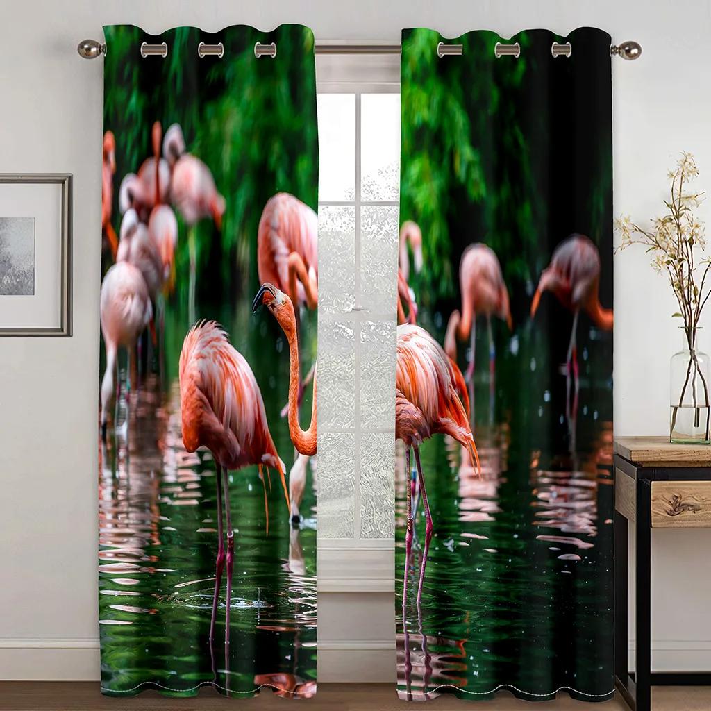 High Quality Flamingo Beach Sea Print Thick Blackout Curtain Pink Animal for Living Room Window High Shading Curtains New Drape