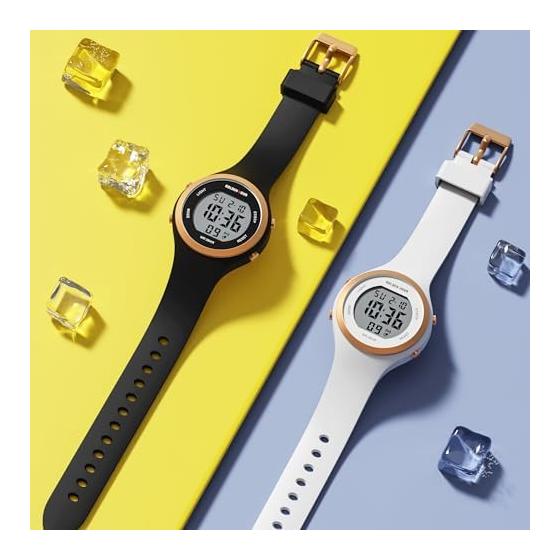 GOLDEN HOUR Waterproof Sports Women's Digital Chronograph Silicone Strap Watch, Rose Gold/Starlight/Milk White. , Moda