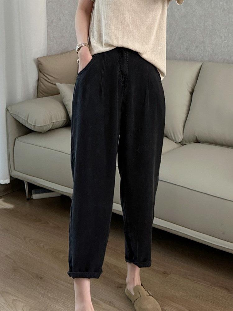 Women's Plus Size Tencel Denim Jeans - Summer Thin Ice Silk High Waist Slimming Harem Wide Leg Pants for Pear Shape.