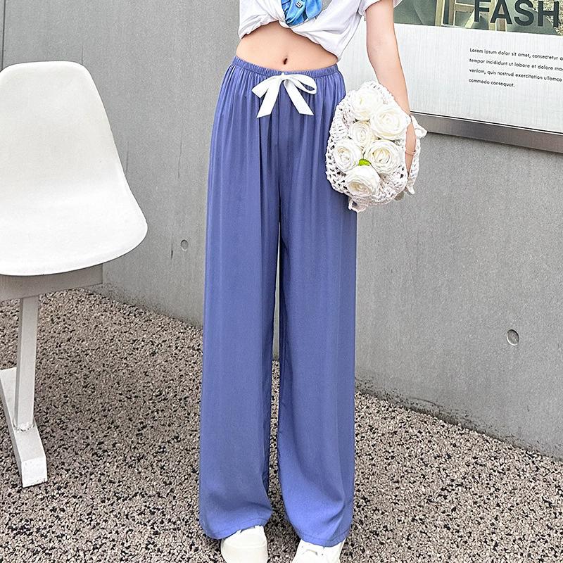 Pantaloni de pijama din bumbac mătase pentru femei, secțiune subțire de vară, anti-țânțari, pantaloni cu picior lat, culoare uni, pentru exterior, casă, petrecere a timpului liber, imprimeu, pantaloni de plajă până la genunchi