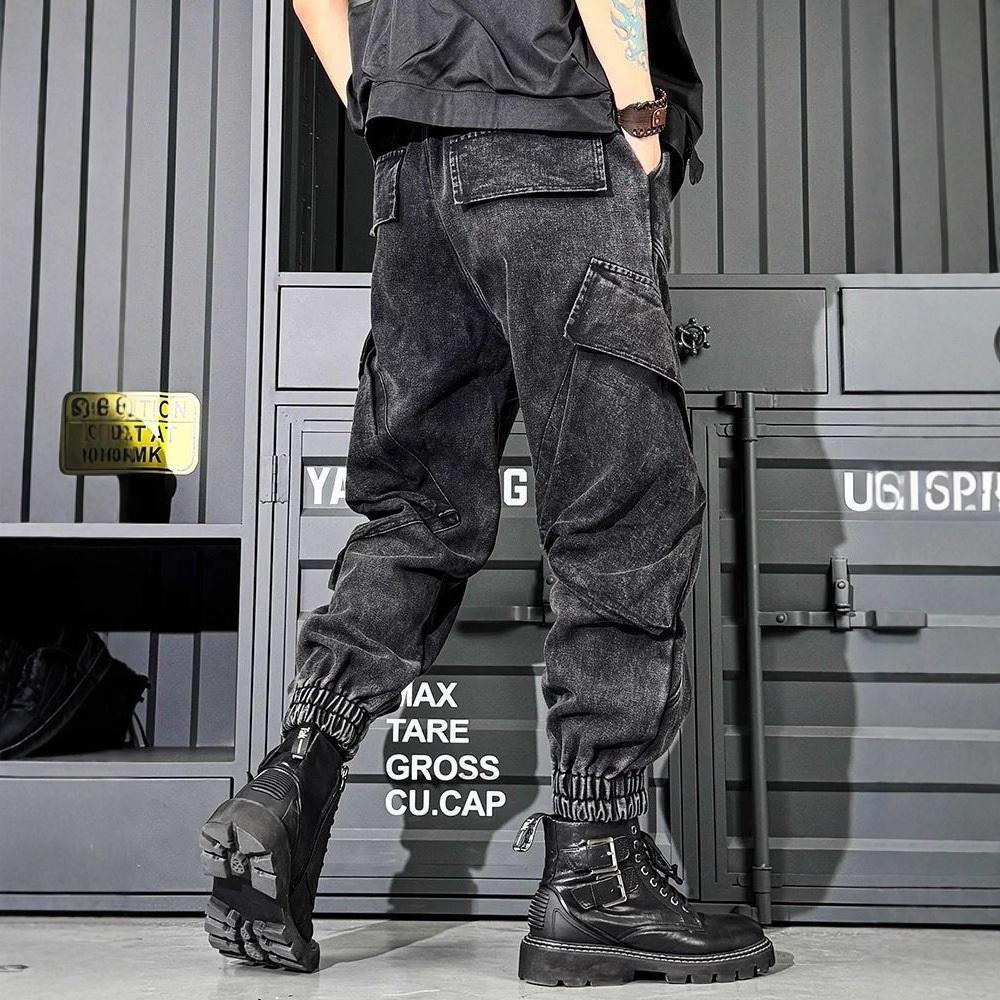 Jeans da Lavoro alla Moda da Uomo Lavati Retro Funzionali a Gamba Larga Pantaloni Trendy Marca Vestibilità Larga Casual Versatili