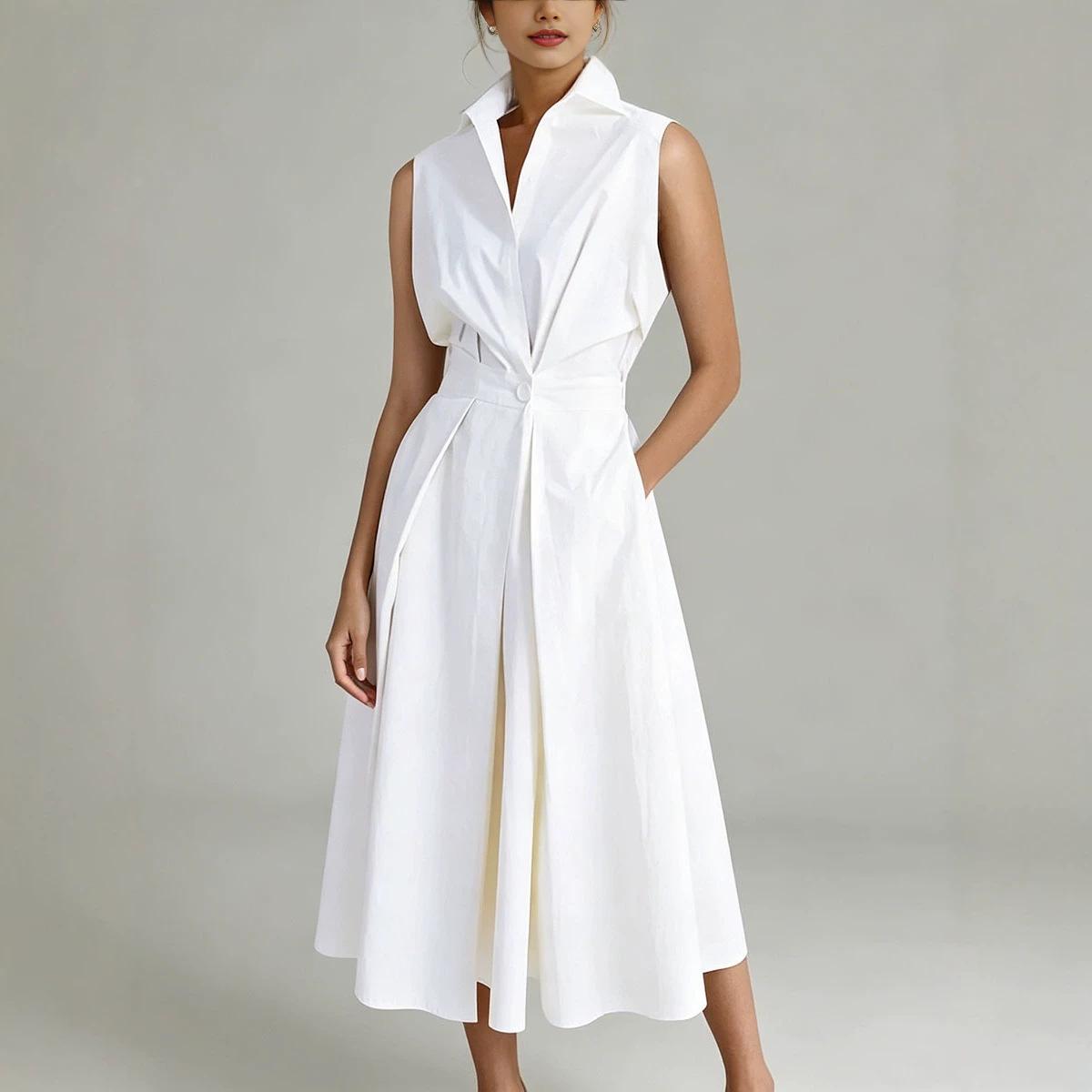 Women s Point Collar Sleeveless A Line Midi Dress Single Breasted Solid Color Summer Casual Dress S белый