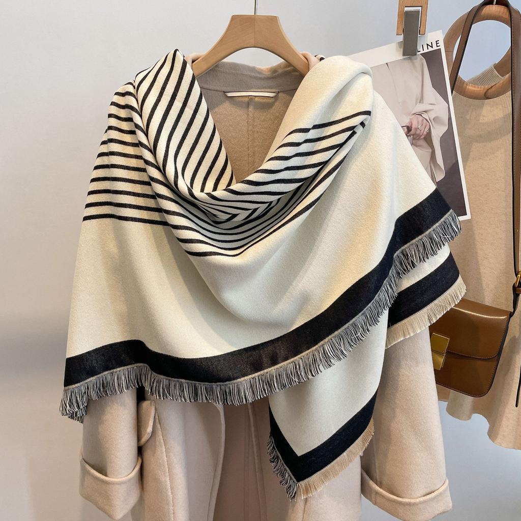 Double-Sided Imitation Cashmere Warm Striped Scarf Women'S Thickened Scarf Air Conditioner Shawl Outside
