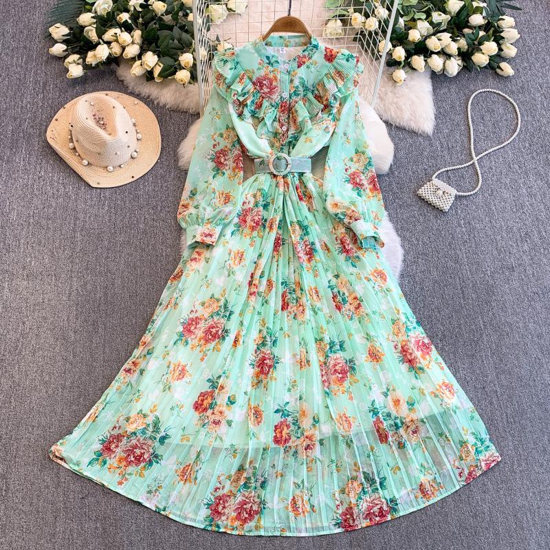 French romantic vacation style beautiful chiffon printed ruffle edge round neck waist thin pleated pendulum dress One size fits all зелёный