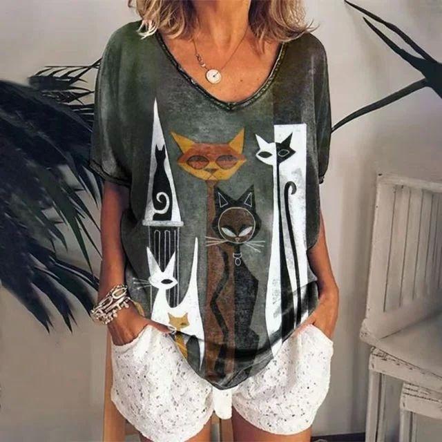 Summer V-neck 3D Cat Printed Top Fashionable Casual Short Sleeved Women's T-shirts