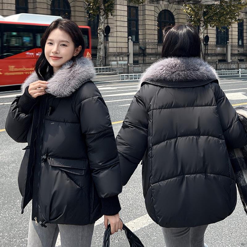 Jaqueta Curta de Algodão Acolchoado Feminina Inverno Gola Grande de Pele Solta Lapela Jaqueta Pão