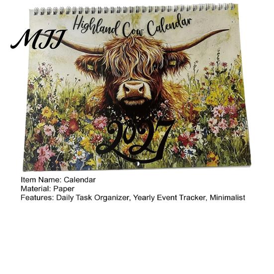 Academic Year Schedule Planner Highland Cow Calendar 2027, 12 Month Wall Hanging with Appointment Large Daily Blocks, Home Office Organizer,
