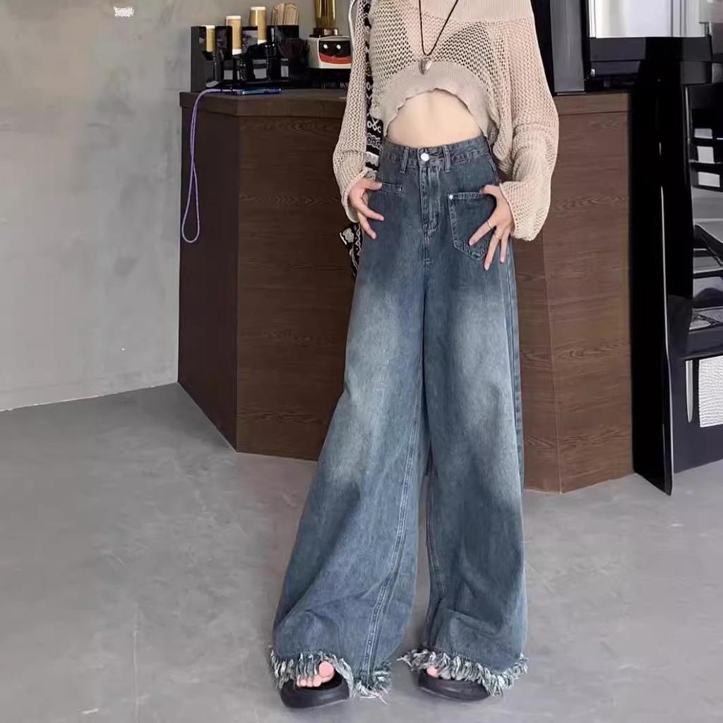 Summer 2024 Women's High-Waist Wide-Leg Retro Jeans with Raw Hem