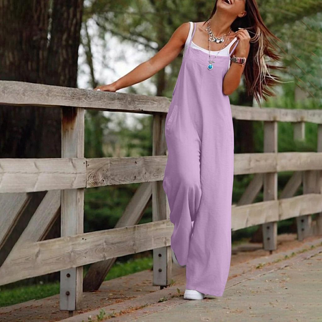 Women's Loose High Waist Pocket Fashion Color Cotton Linen Suspender Jumpsuit