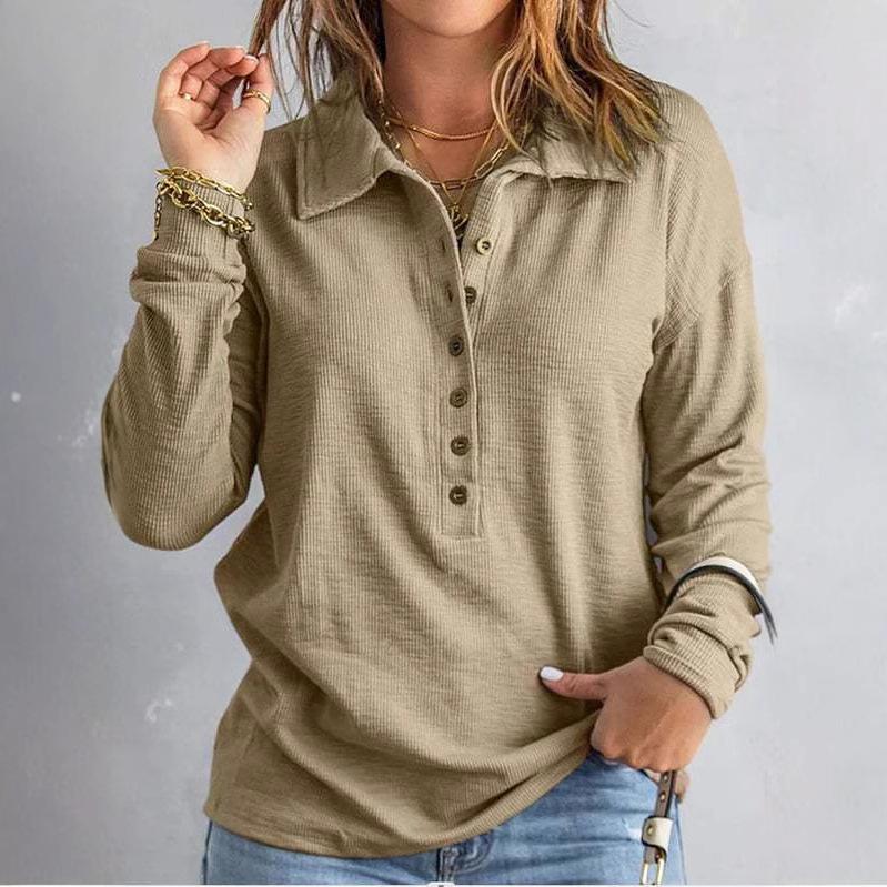 Suéter de Punto de Color Sólido con Solapa y Manga Larga de Botonadura Sencilla, Camisetas Casuales Holgadas para Mujer