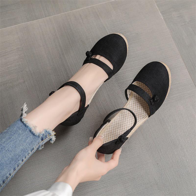 2025 New Korean Style Women's Wedge Heel Sandals: Comfortable Pointed Toe Buckle Linen Casual Sandals