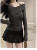 French Slim Fit Off-Shoulder Sweater: Solid Color, Irregular Knit Design for Women - Autumn/Winter Collection
