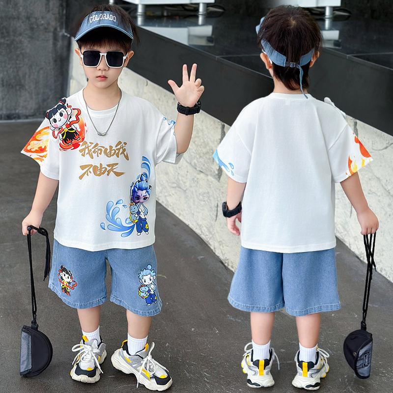 Boys' summer Nezha set, children's short-sleeved shorts, baby cartoon summer two-piece set, summer jeans, T-shirt