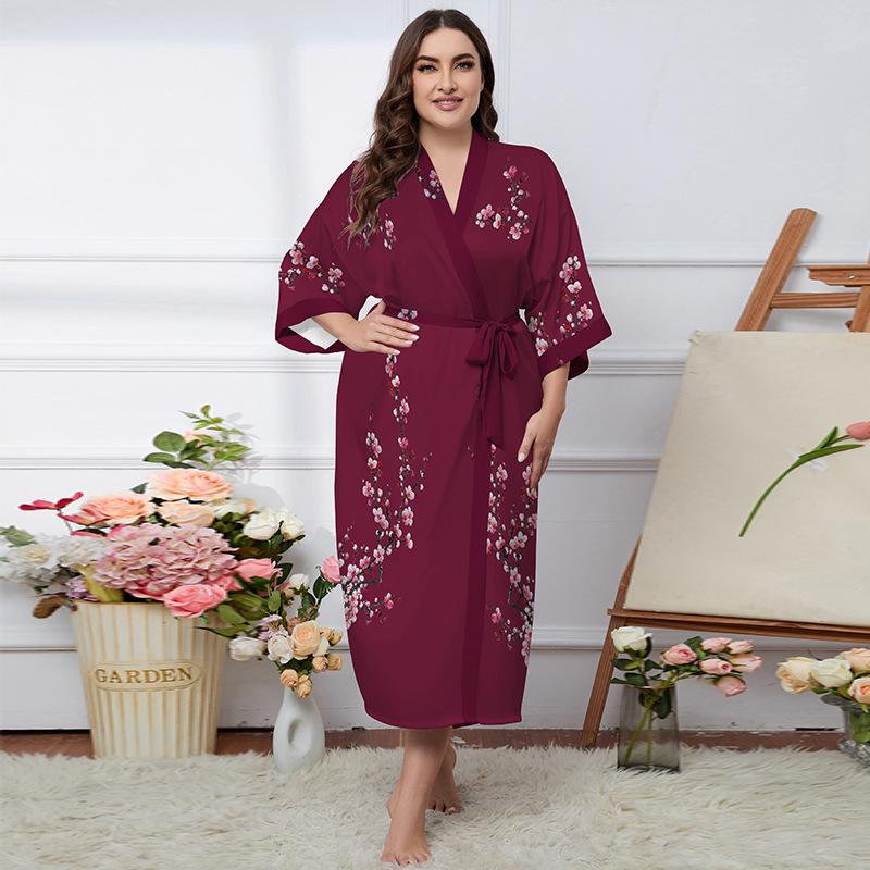Übergröße Satin Sommer Pyjama & Bademantel Set für Damen - Leichter Luxus Eisseide