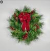 Pre-Lit Artificial Christmas Wreath,  Artificial Christmas Garland For Front Door With Red Bow, Cones, Red Berries,  LED Lights For Christmas Deco
