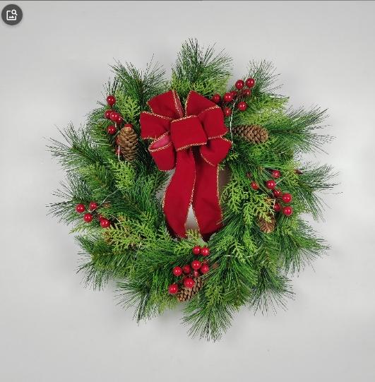 Pre-Lit Artificial Christmas Wreath,  Artificial Christmas Garland For Front Door With Red Bow, Cones, Red Berries,  LED Lights For Christmas Deco