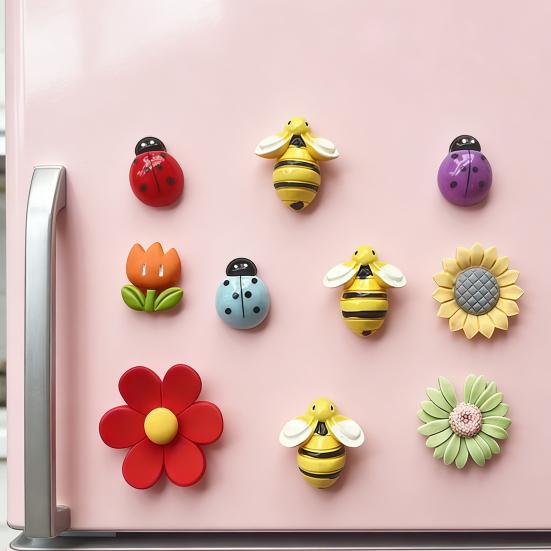 10Pcs Animal Flower Refrigerator Magnet Resin Ladybird Bee Tulip Sunflower Fridge Magnet Home Office Kitchen Whiteboard Locker Decoration Magnet