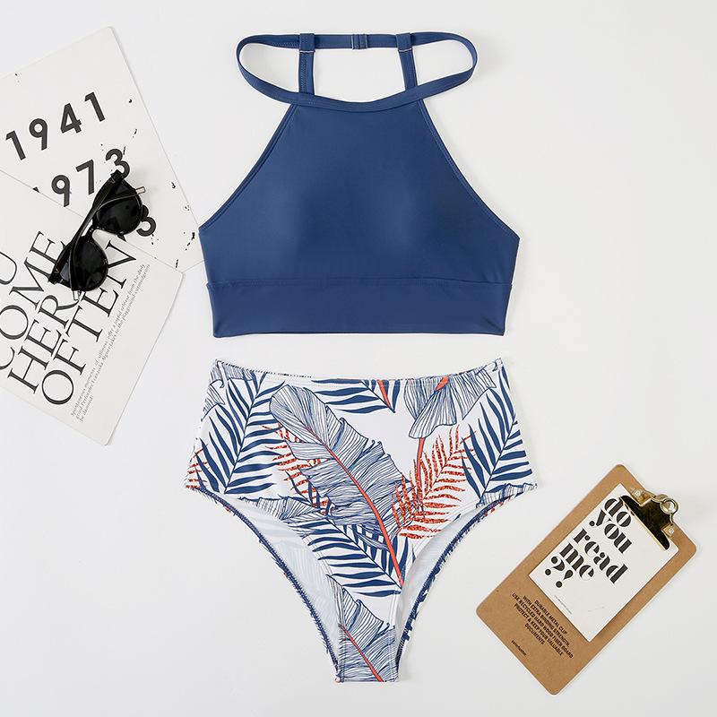 

Women s Halter Neck High Waisted Bikini Set Tropical Leaf Print Tummy Control Crop Top Sexy Summer Beach Bathing Suit Swimwear S синий