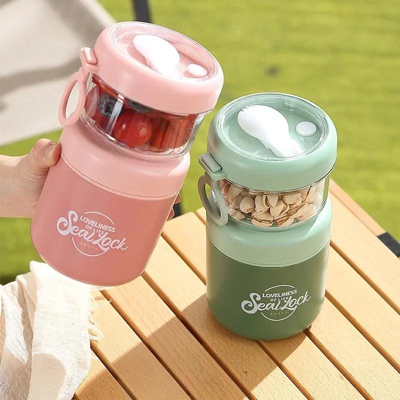 Double Layer Salad Cup Oatmeal Soup Cups with Spoon Stainless Steel Porridge Bowl Portable Office Worker Students Lunch Box