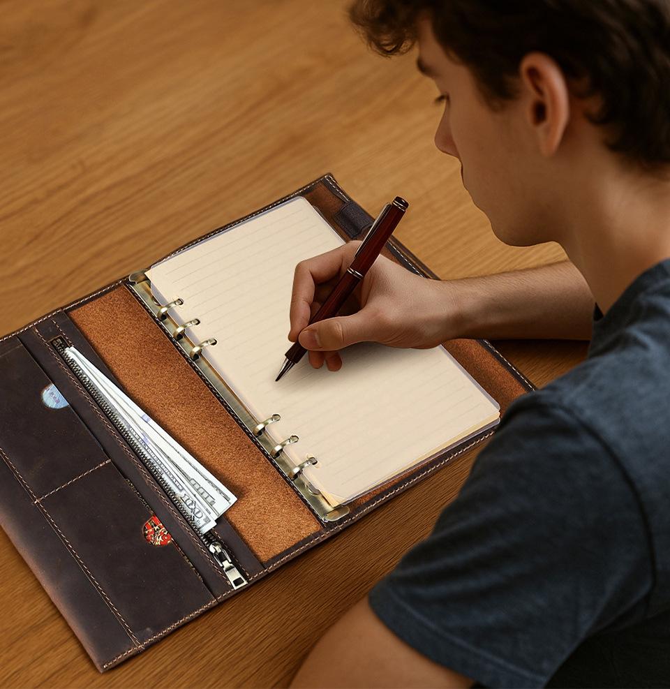 Handmade A5 Crazy Horse Leather Notebook with 6-Ring Binder & Replaceable Pages