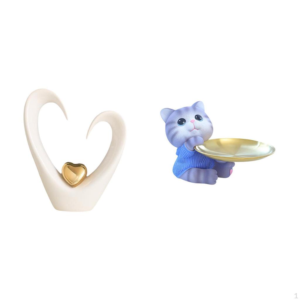 Heart Cat Sculpture Desktop Ornament Collectible Minimalist Decorative Figurine Modern Statue Tray