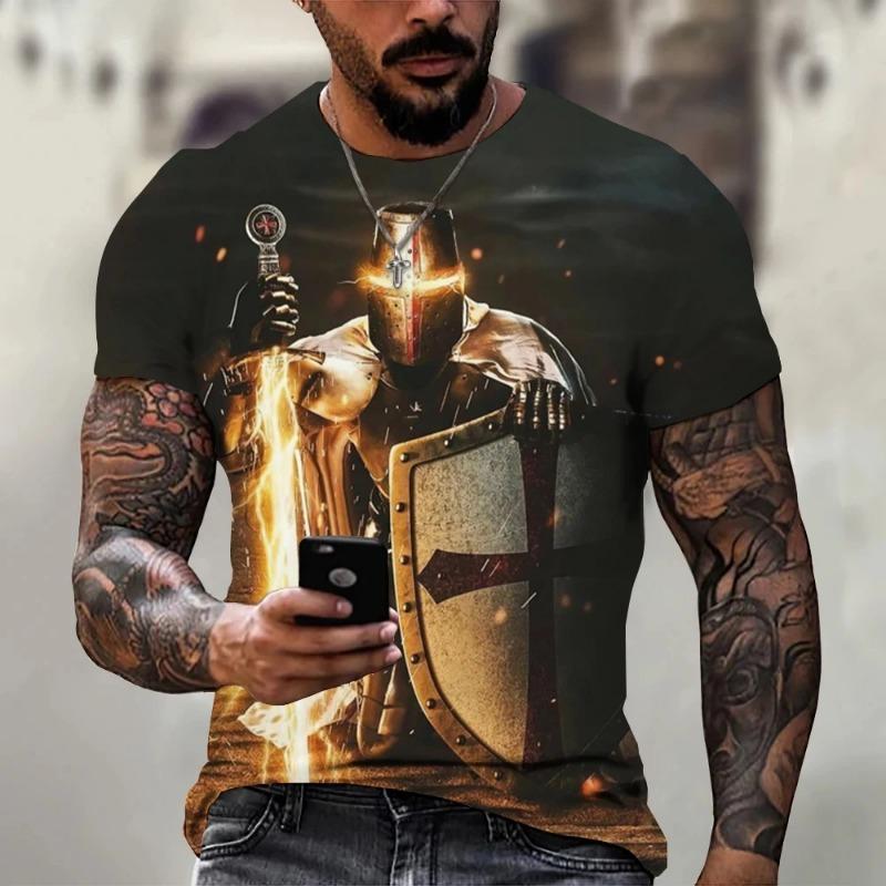 Moda de Verano Templario Camiseta de Hombre Estampada en 3D Calle Harajuku Cruz Camiseta para Hombre Manga Corta Camiseta de Gran Tamaño