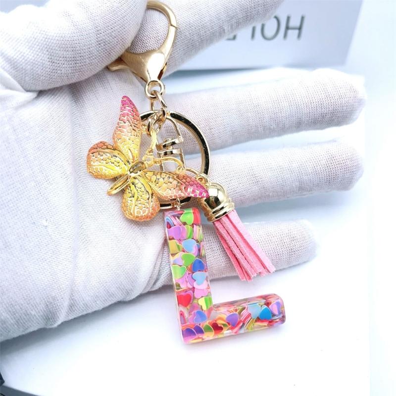 Quasten Schmetterling Anhänger Charm Schlüsselanhänger Bunte Herz Pailletten Initialbuchstabe Schlüsselanhänger für Rucksack Handtasche Autoschlüssel