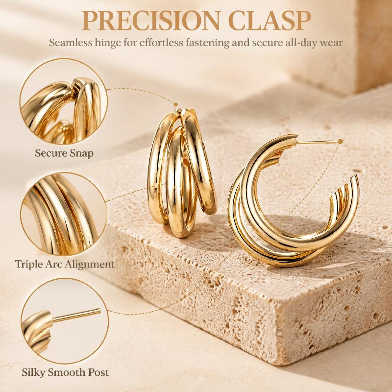 Gold Plated Triple Open Hoop Earrings Polished Shiny Surface Perfect For Daily Wear Office Party Travel