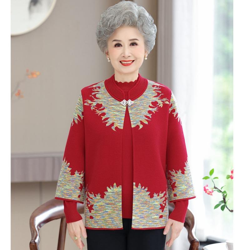 Middle-aged and old women's cardigan two-piece mother's sweater set women's knitted bottoming shirt top mother-in-law dress