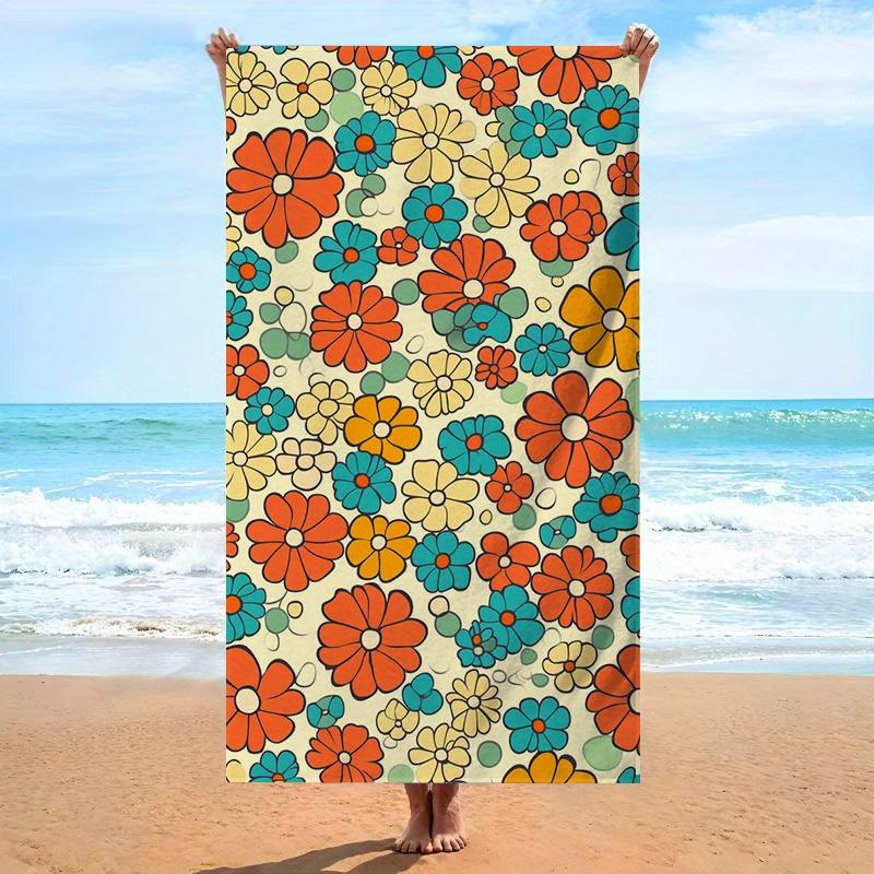 

Retro Flower Print Beach Towel, Bold Black Outline Design Soft Microfiber Absorbent for Beach Picnic Bath Travel Gift W30*H60(CM)