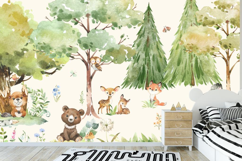 Children's Photo Wallpaper with Magical Forest and Forest Animals, Teddy Bear, Deer, Fox M130 300x200