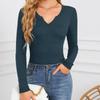 Women's Deep U-shaped Neckline Cross Long Sleeved T-shirt Top with Pit Stripes Shirt