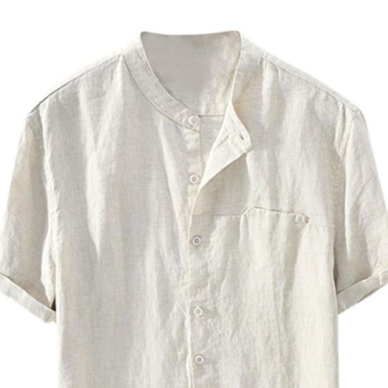Men Shirt Solid Color Stand Collar Summer Loose Single-breasted Top for School