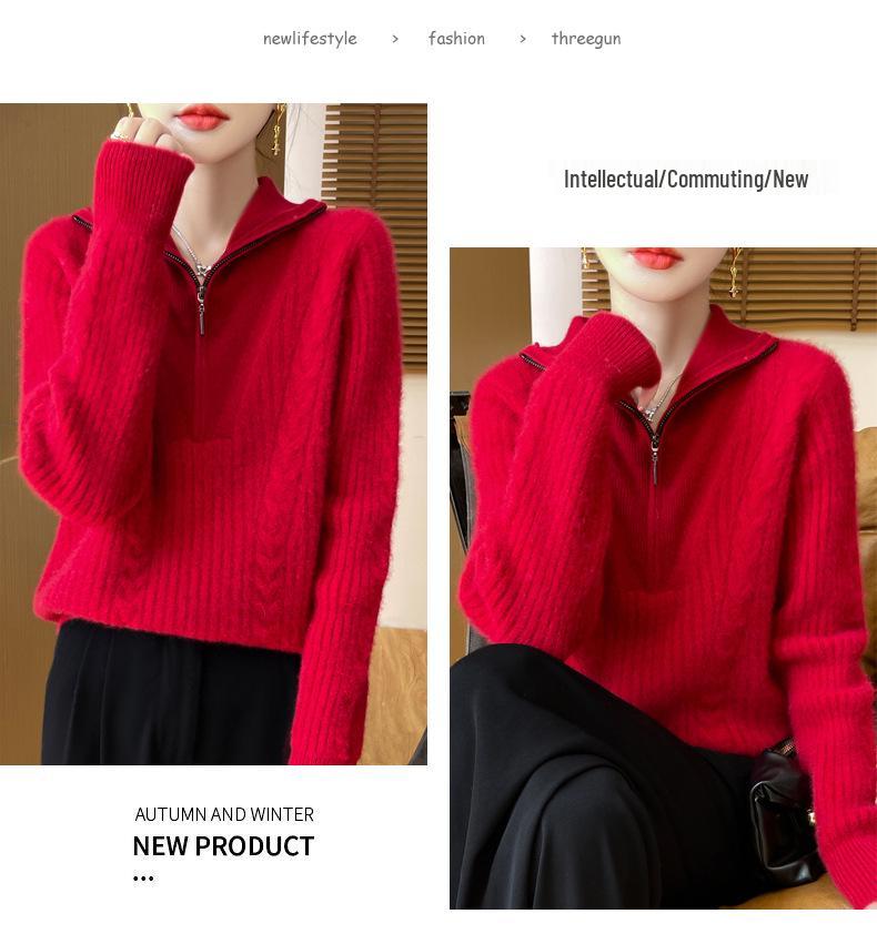 Women's High-Neck 100% Wool Cable Knit Sweater - Thickened Long Sleeve Zipper Pullover for Autumn & Winter