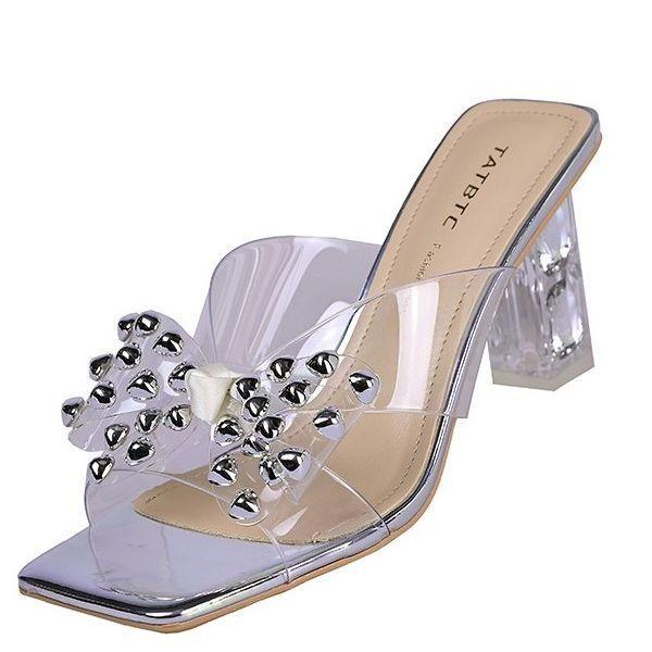 Rhinestone bow transparent semi-drag sandals women's 025 summer new outer wear crystal heel cool slippers lazy word drag