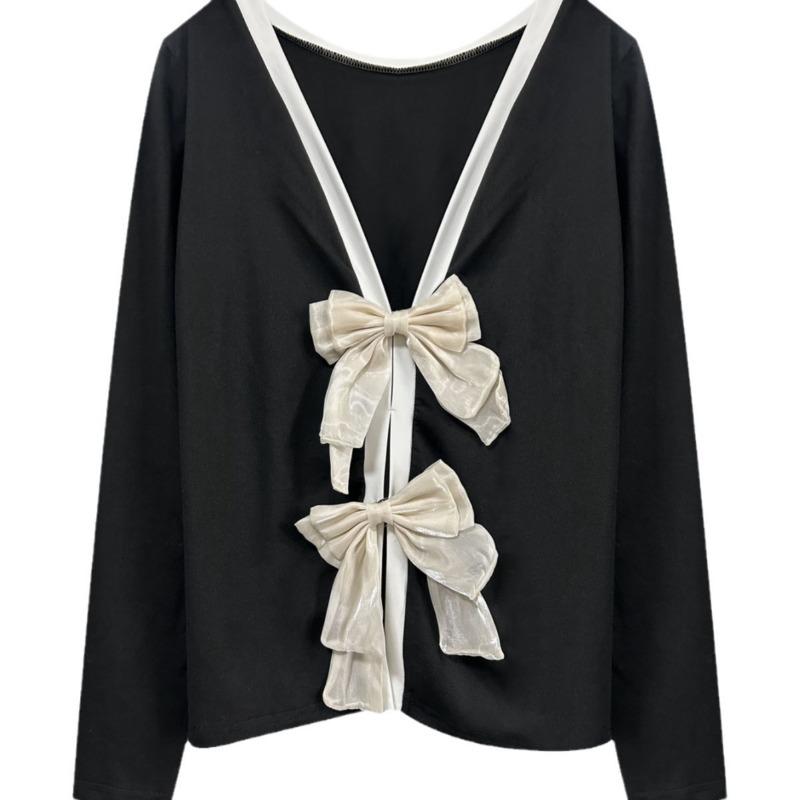 

Женский облегающий топ с длинными рукавами и бантом XXL чёрный