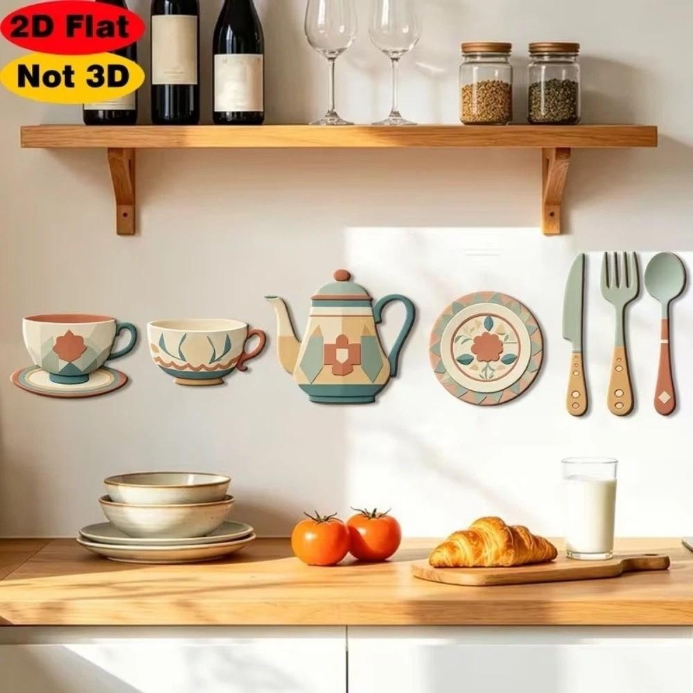 7Pcs Rustic Distressed Coffee Utensil Wooden Ornament Coffee Wall Sticker Hangings Halloween