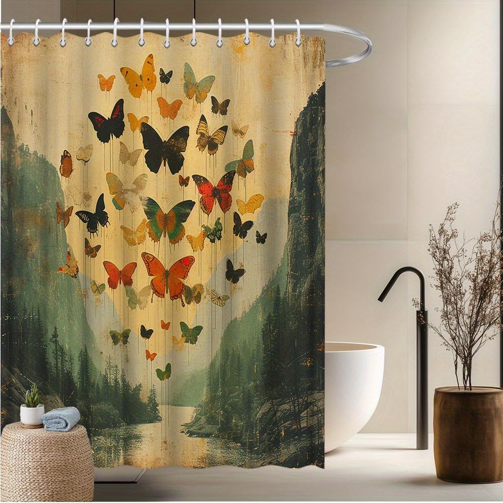 

Vibrant Butterfly Shower Curtain, Polyester Artistic Montage with Mountain & Butterflies, Fade-Resistant, Machine Washable W90xH180cm