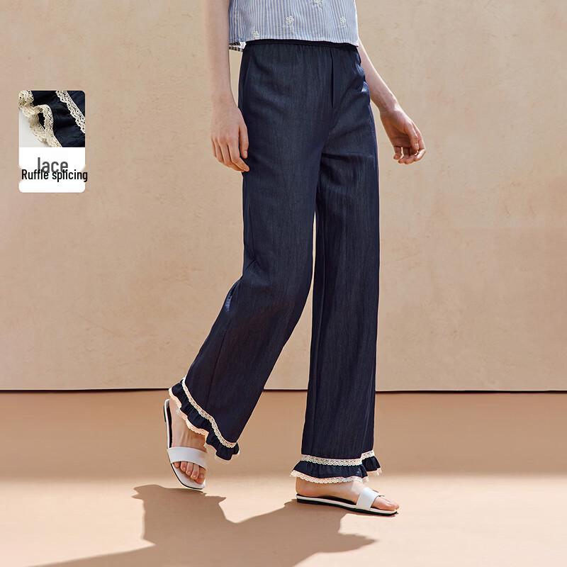 INMAN Women s Lace Ruffle Denim Wide-Leg Pants S