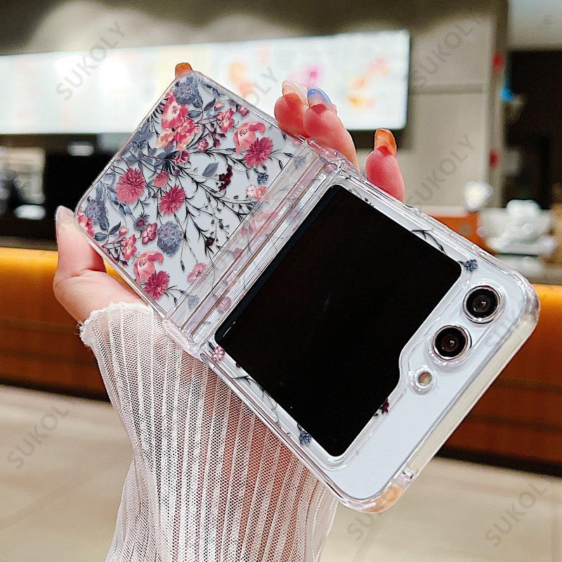 Flower Pattern Clear Case For Samsung Galaxy Z Flip 7 FE 6 5 4 3 Transparent Hard Folding Cover For Samsung Z Flip5 Flip4 Flip6