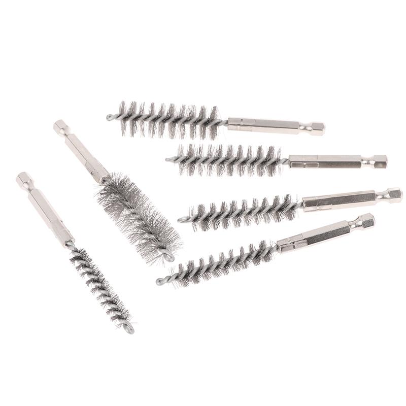 6 Pcs Stainless Steel Pipe Cleaning Brush Set 1/4" Hexagonal Bar Twisted Wire Hole Brush Cleaning Brush Bristle Wire Brush Hole