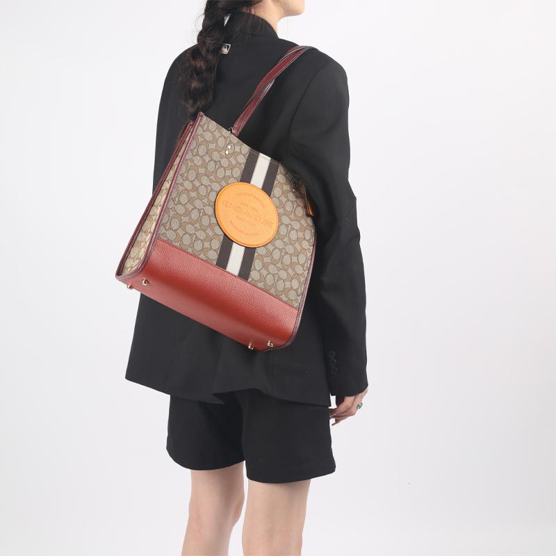 Coach Dempsey 30 Monogram Stripe Logo Decor Vertical Fabric And Leather Tote Bag Women Tote Bags Red-Orange Brown 1917-IMQZV