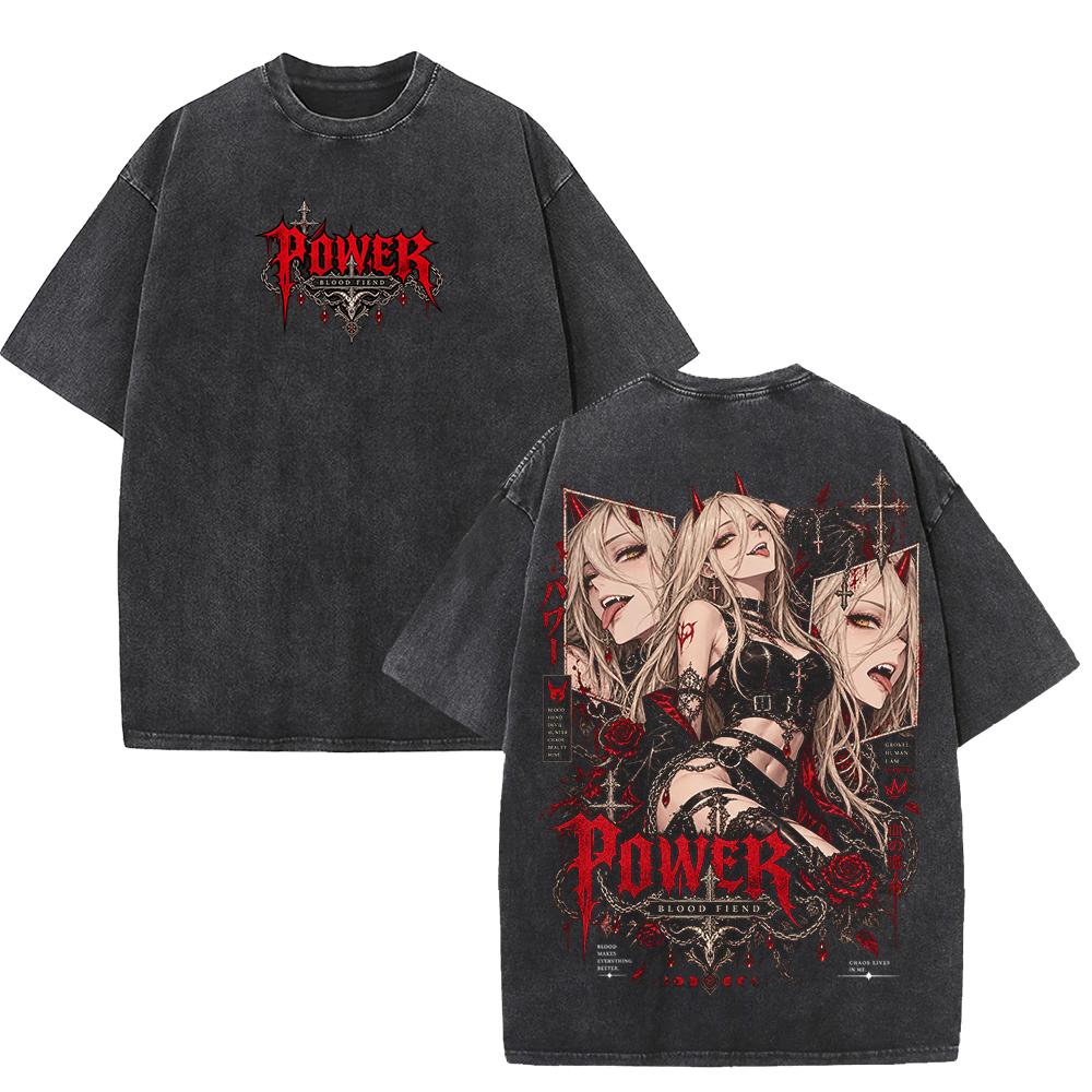 T-shirt Manga Chainsaw Man Puissance Gothique Y2k Vintage Lavé T-shirt Hommes Femmes Vêtements Mode Surdimensionné 100% Coton T-shirts Hauts