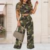 Damen Übergröße Rundhals Kurzarm Bedrucktes Schwarz Weiß Crop Top Weite Hosen Zweiteiliges Set