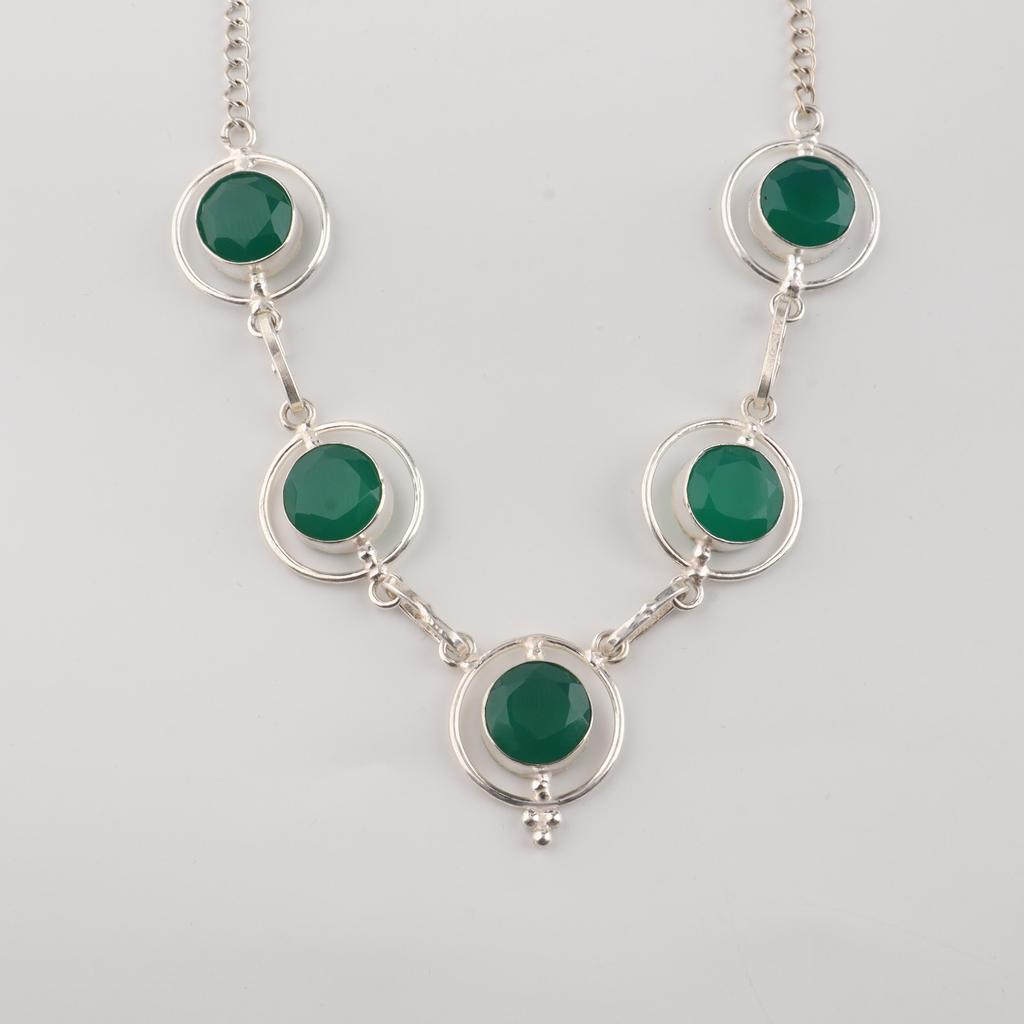 Green Onyx Gemstone Silver Necklace, 925 Sterling Silver Elegant Women Necklace, Partywear Jewelry RN-2-17