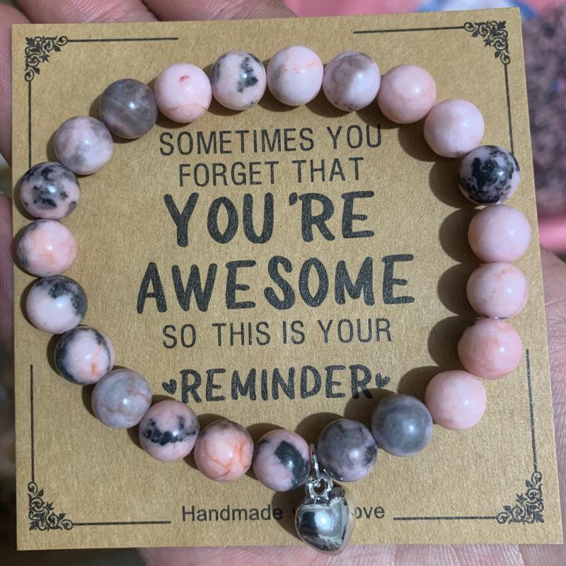8mm Pink Zebra Stone Bead Bracelet with Gift Card: Perfect Holiday Friendship & Love Gift for Men & Women