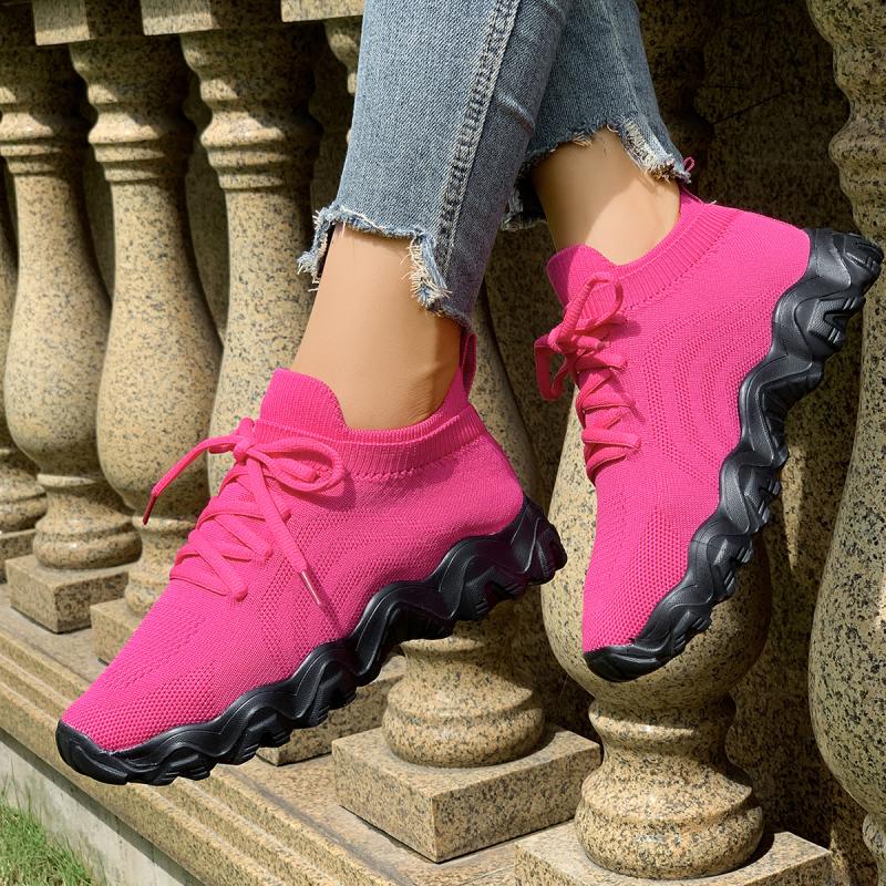 Sexy Hot Pink Breathable Mesh Sneakers Women 2025 Autumn Round Toe Soft Thick Bottom Sports Shoes Light Weight Running Shoes