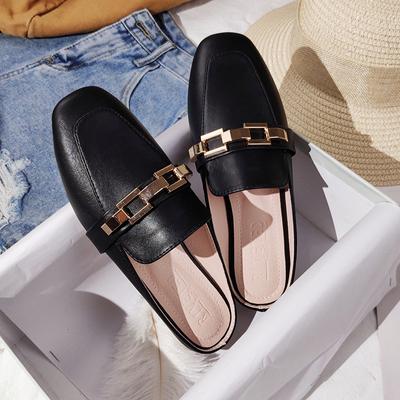 Frühling Und Sommer Damen Tragen Hausschuhe Koreanische Mode Schlichtes Design Leder Mädchen Schwarz Muller Schuhe 41 -44