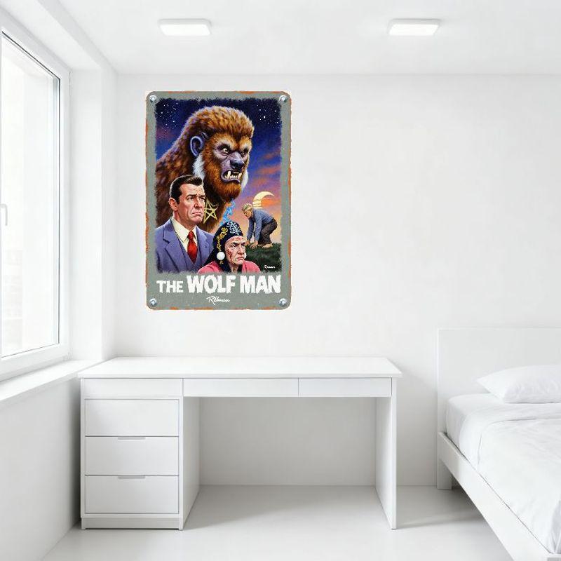Vintage The Wolf Man Metal Tin Sign, Menacing Wolf Creature Starry Sky Crescent Moon Retro Poster for Bar Club Home Wall Decor