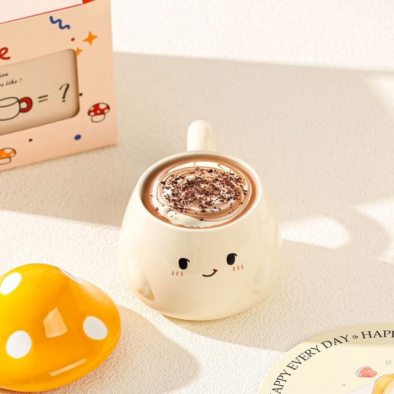 360ml Creative Ceramic Mushroom Coffee Mug with Lid Cute Cartoon Mushroom Decorated Mug Exquisite Afternoon Tea Latte Cup Gifts